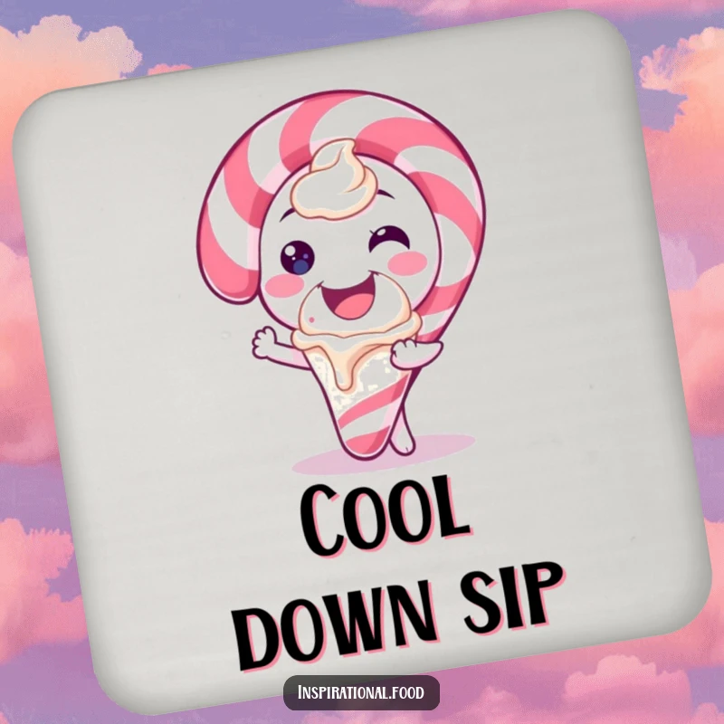 Funny drink coaster showing a candy cane character smiling widely and offering a scoop of ice cream, adding holiday sweetness.