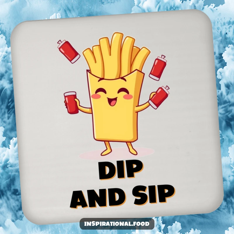 Funny drink coasters with a giggling french fry character juggling ketchup packets, adding fast food humor.