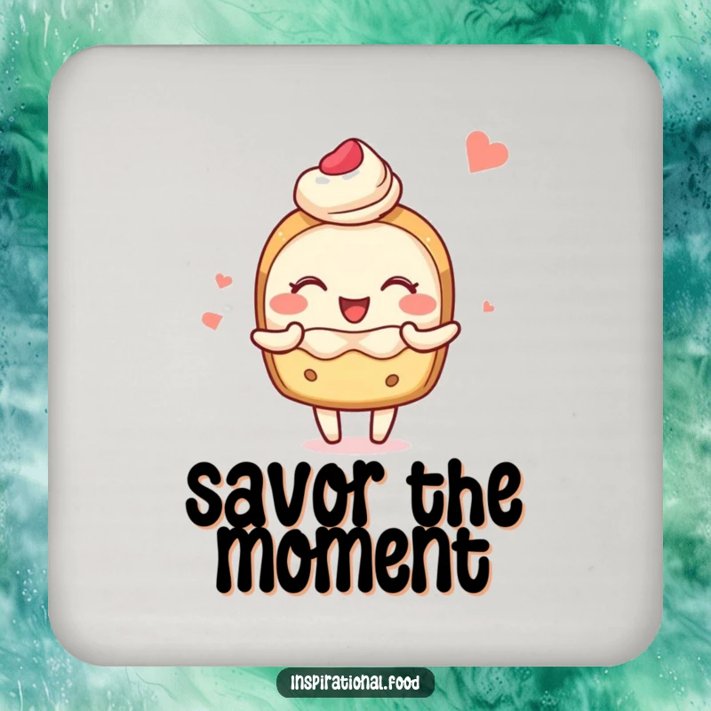 Funny drink coasters depicting a blushing pastry character joyfully sharing delightful food imagery, adding charm to any table.