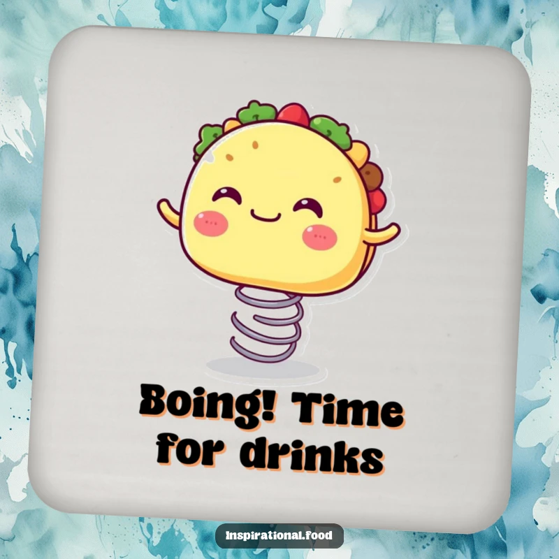 Funny drink coaster with a joyful taco character with a wide, happy mouth, bouncing on a spring.