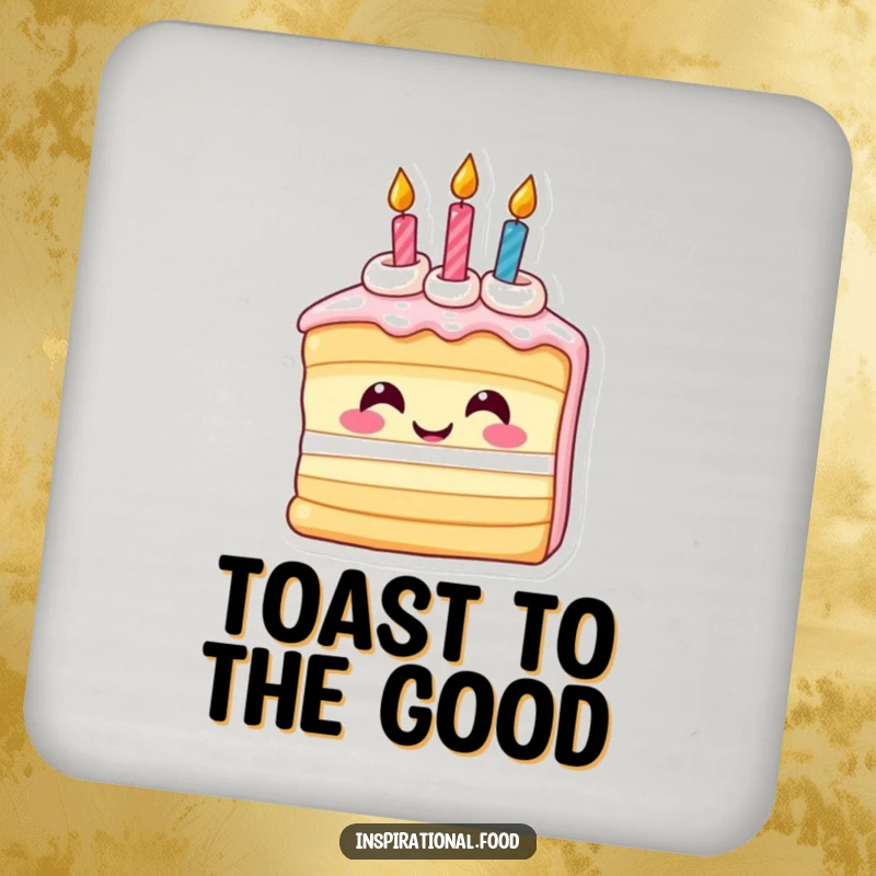 Funny drink coaster showing an inspired smiling slice of birthday cake with candles, offering humorous surface protection.