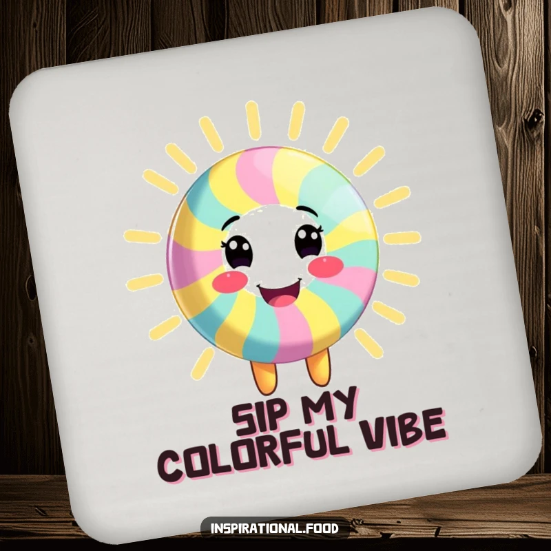 Funny drink coaster featuring a smiling candy character radiating vibrant, colorful energy, protecting surfaces with style, a charming funny gift.