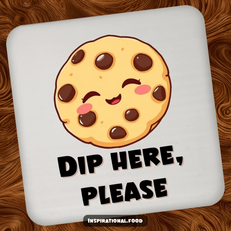 Funny drink coaster featuring a delighted chocolate chip cookie winking playfully, protecting surfaces with sweet humor.