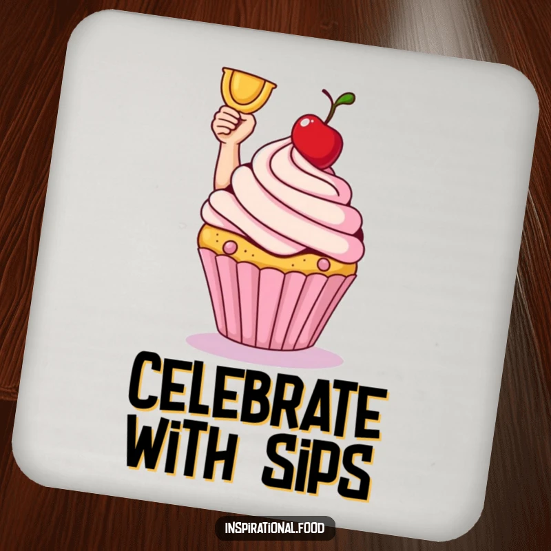 Smiling cupcake triumphantly holding a cherry on a vibrant drink coaster. Dessert gift.