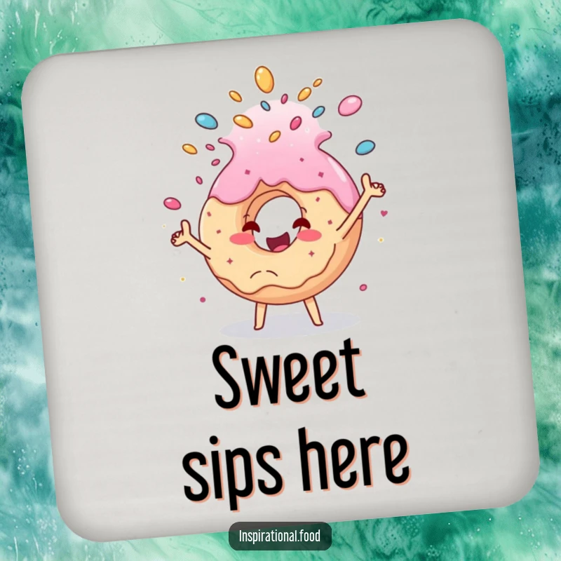 Funny donut cascade coaster, a cheerful donut character joyfully tossing sprinkles, perfect for adding a touch of dessert-themed humor to any surface.