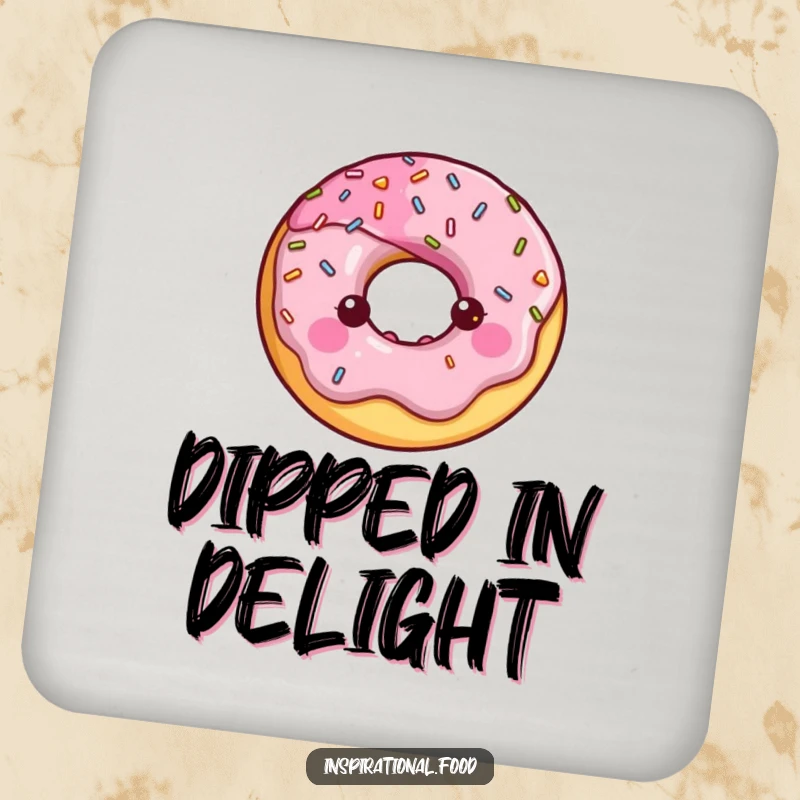Happy donut character with a halo of shiny sprinkles on a vibrant drink coaster.