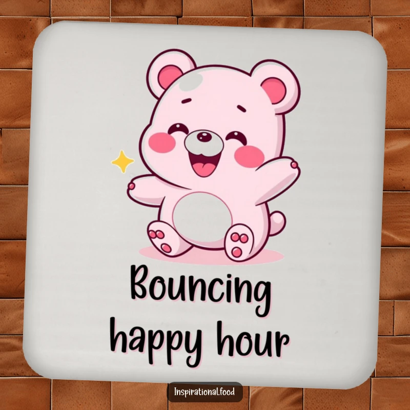 Funny coaster featuring a grinning gummy bear in an energetic bounce, adding a touch of playful fun to any table setting.