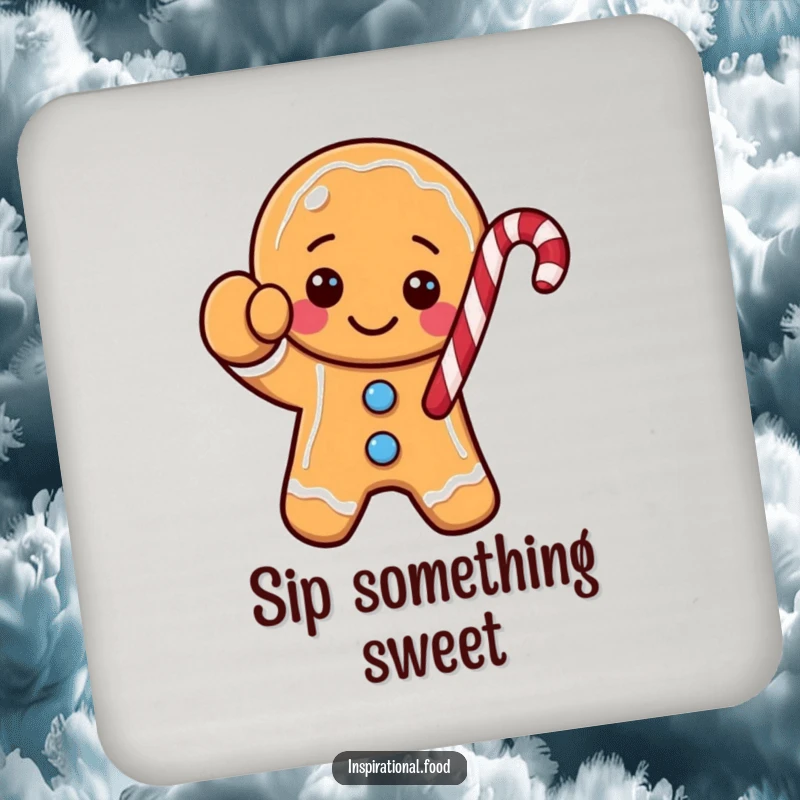 Funny gingerbread cookie character coaster, waving a candy cane, protecting your surfaces with holiday cheer and humor.