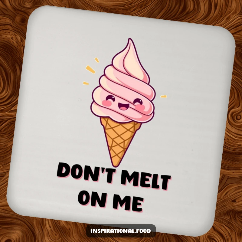 Funny drink coaster featuring a jubilant ice cream cone swirling with excitement, protecting surfaces with cool humor.