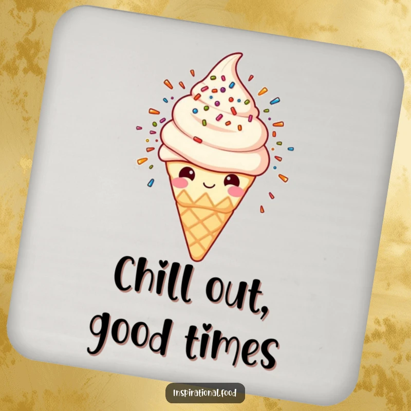 Funny drink coaster showcasing a smiling ice cream cone in a delightful sprinkle explosion, adding charm to beverage settings.
