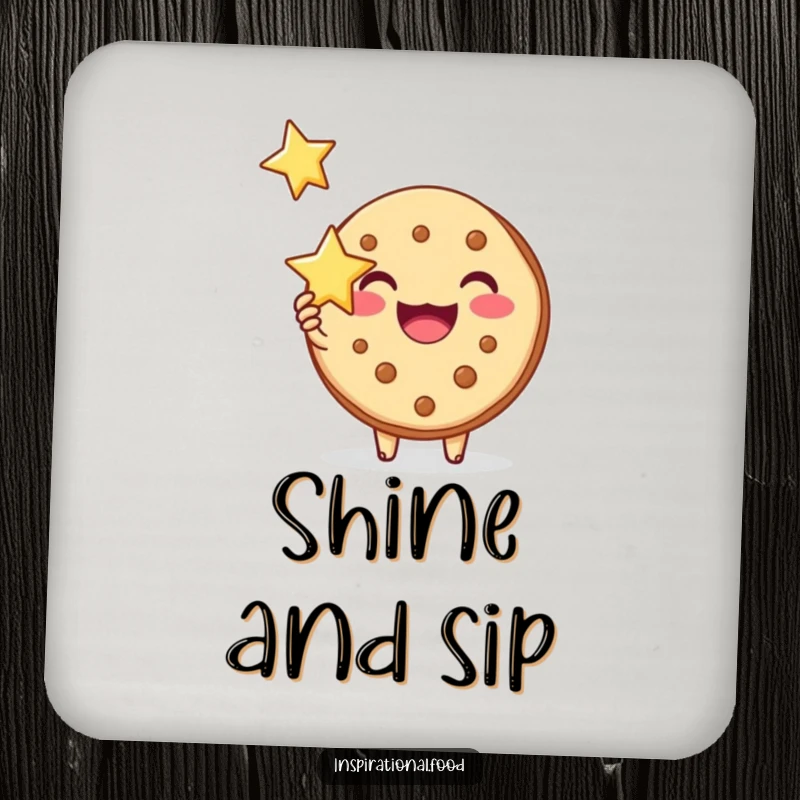 Funny drink coaster with a joyous cookie character holding a star, protecting surfaces with a motivational and humorous design.