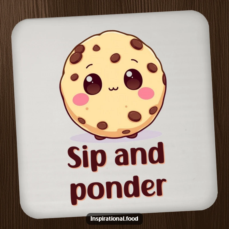 Funny Drink Coaster with a beaming cookie character, wide chocolate chip eyes symbolizing great ideas and creative sparks.