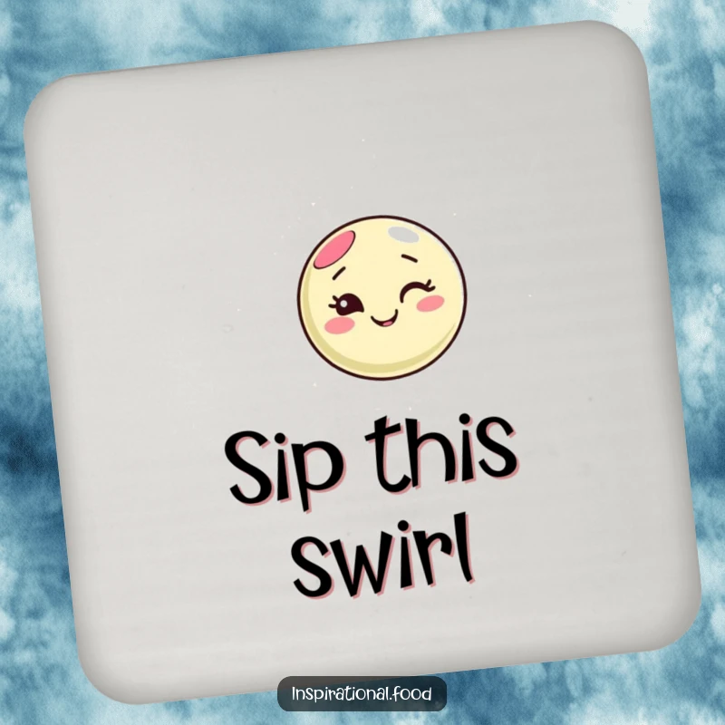 Funny macaron character coaster, winking playfully and creating colorful swirls, protecting surfaces with sweet humor and charm.