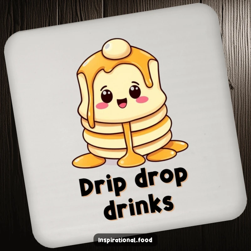Funny drink coasters with a beaming pancake character and syrup cascade, adding breakfast humor.