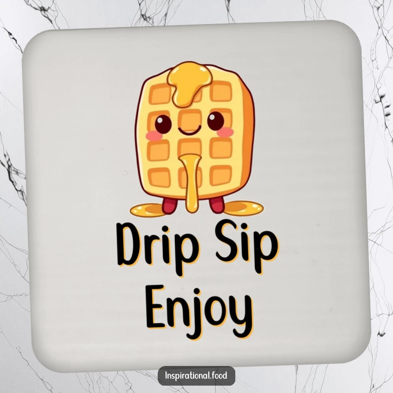 Funny drink coasters featuring a smiling waffle character with syrup dripping, protecting surfaces with sweet style.