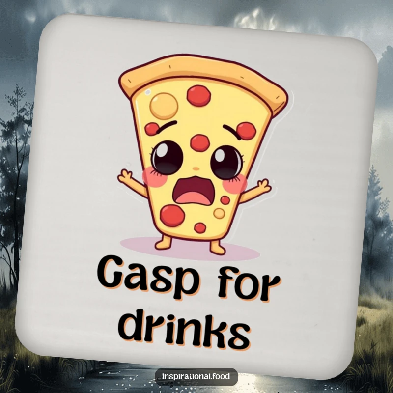 Funny pizza slice character with an astonished expression on a drink coaster, adding humorous food-themed protection.