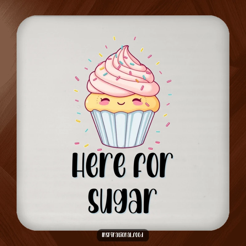 Funny drink coaster with a delighted cupcake imagining a candy sprinkle shower, a humorous way to prevent drink rings.