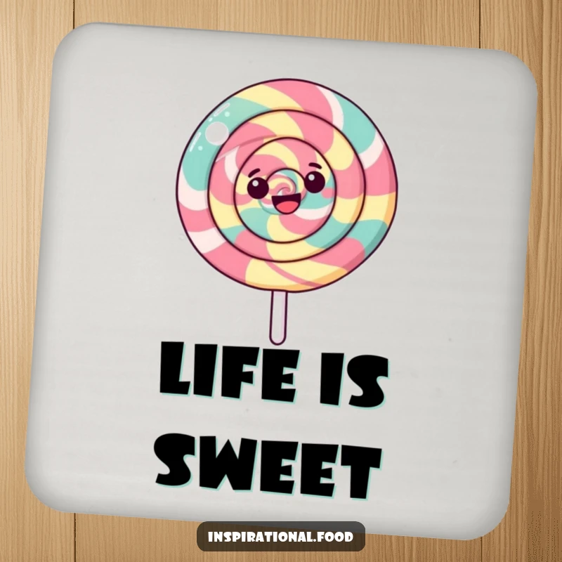 Funny Lollipop Coasters featuring a happy lollipop mid-spin with a mesmerizing swirl, protecting surfaces with sweet humor.