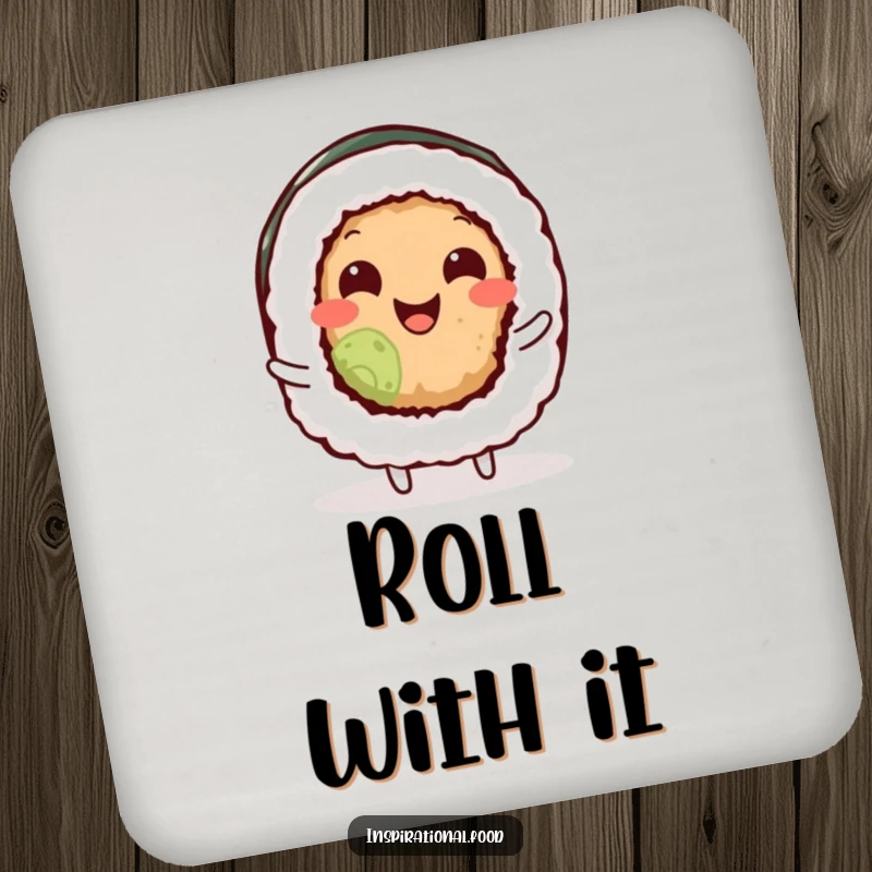 Funny sushi roll character wiggling its body with pure joy on a drink coaster, adding cute food humor to any table.