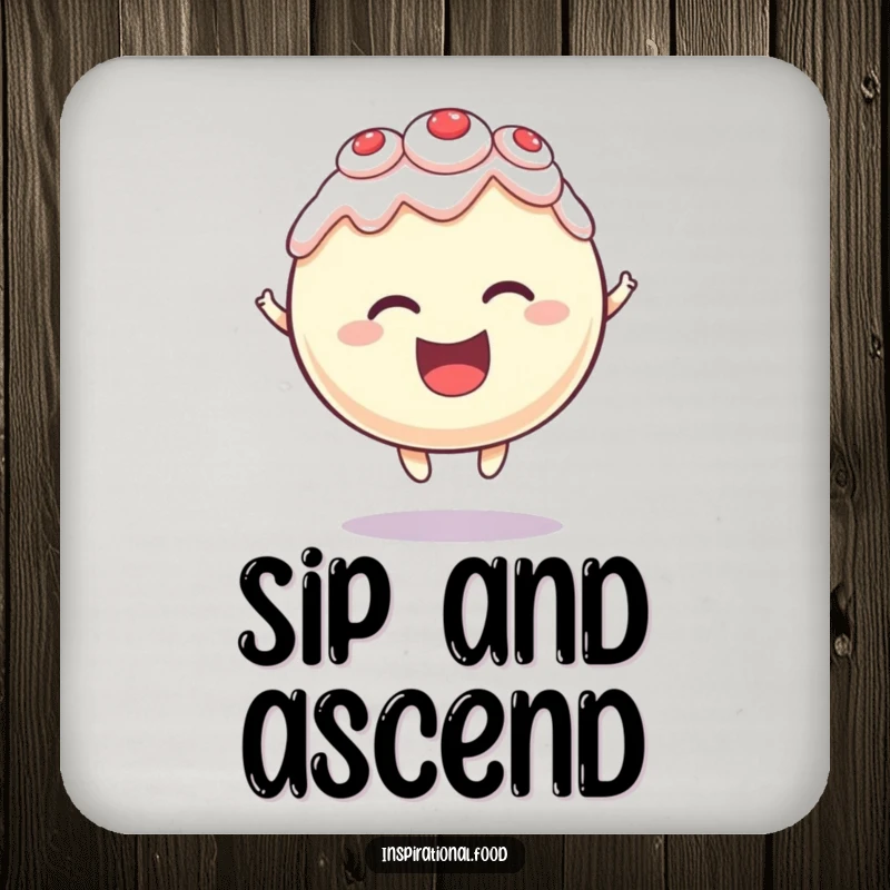 Funny drink coasters featuring a round cake character levitating with delight, protecting surfaces with sweet, magical flair.