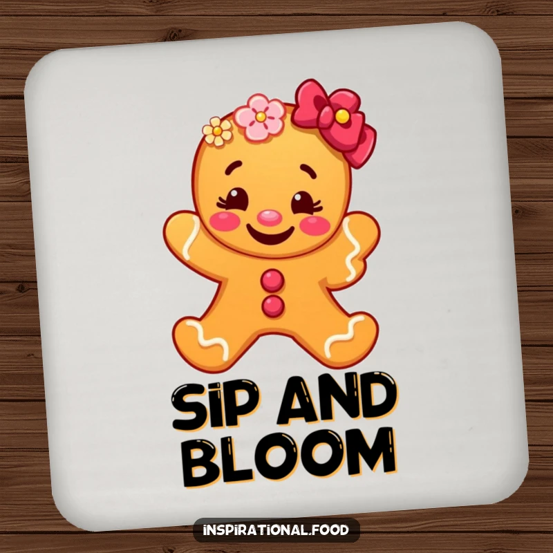 Funny gingerbread man coaster featuring a grinning character offering a flower, protecting surfaces with a touch of whimsical charm and humor.