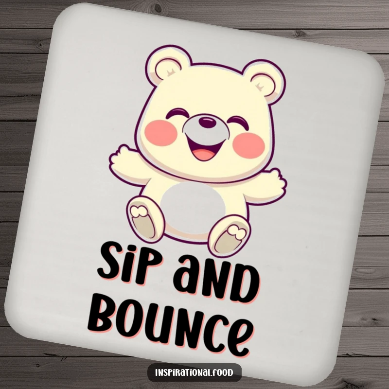 Funny Coaster: Features a grinning gummy bear in an energetic bounce, adding fun while protecting surfaces.