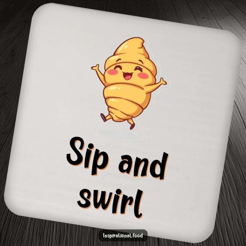 Funny drink coasters with a joyous croissant character doing a little jig, adding breakfast humor.