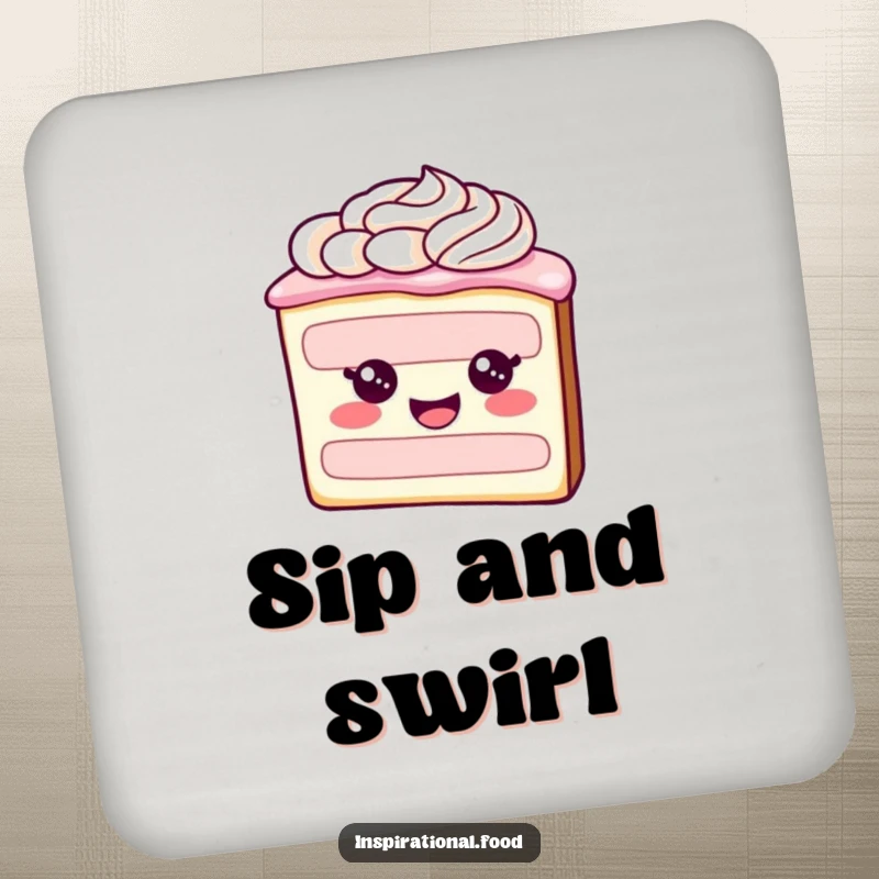 Funny drink coaster showcasing a cheerful slice of cake with elegant frosting swirls, adding charm to beverage settings.