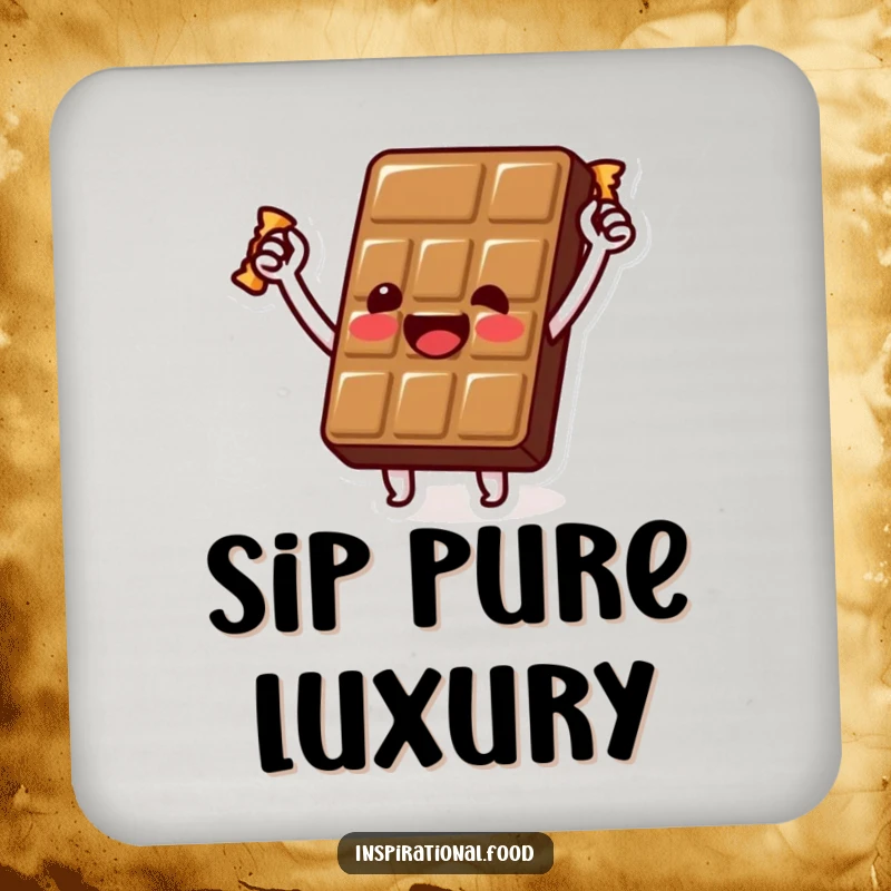Funny chocolate bar drink coaster with a beaming character holding a golden wrapper aloft, adding a humorous and protective touch to any table.