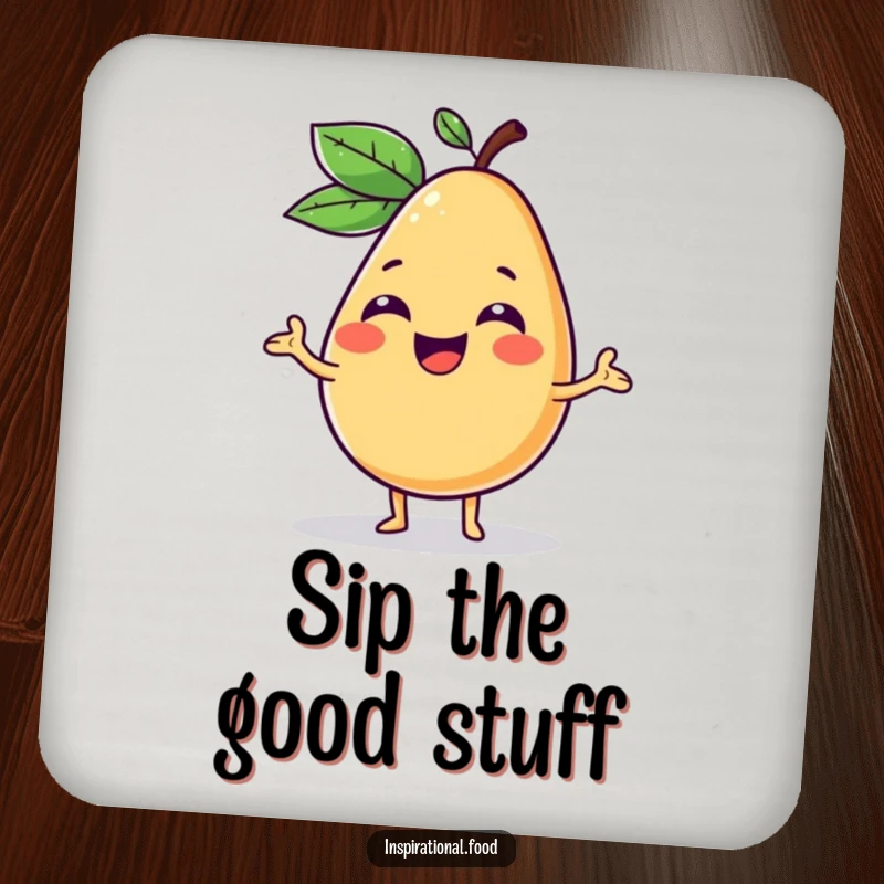 Funny drink coaster depicting a giggling fruit character presenting a vibrant, imaginative food concept, protecting surfaces with flair.