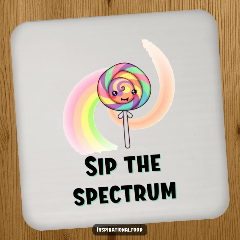 Funny Drink Coaster with a happy lollipop character creating a colorful swirling rainbow, adding a cheerful touch to any drink setup.