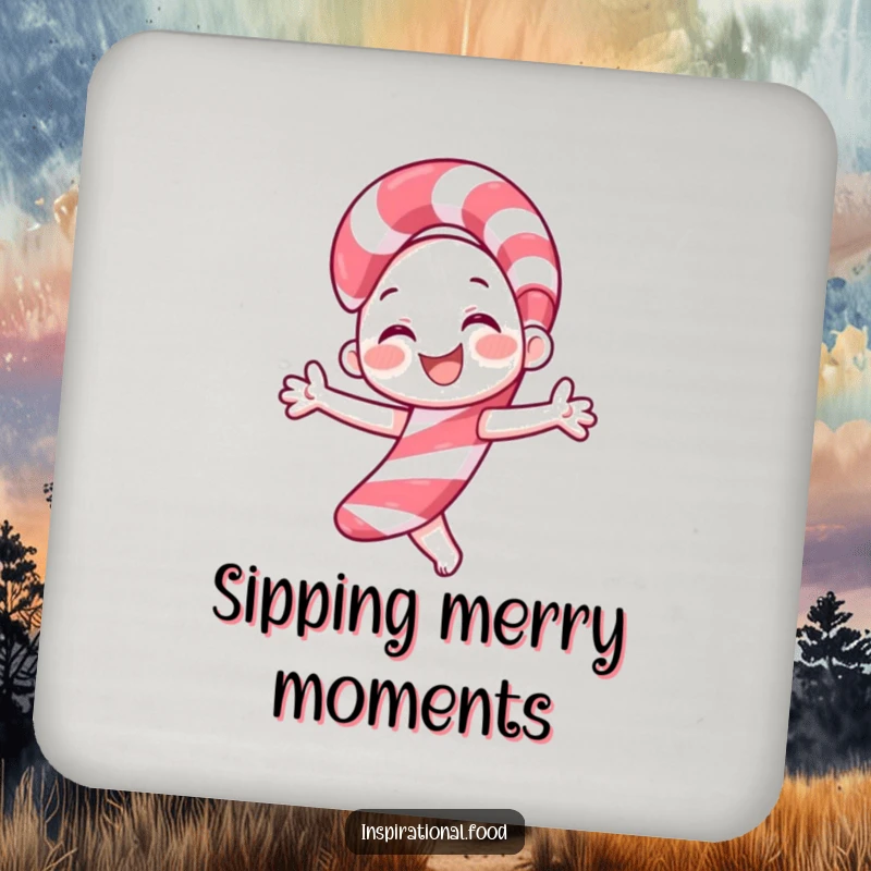 Funny candy cane coaster with a smiling character joyfully twirling, adding festive charm and surface protection during holidays.