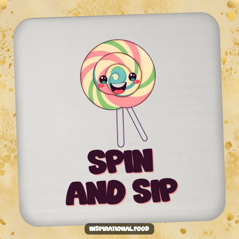 Funny lollipop coaster featuring a happy, merrily spinning swirl design, perfect for protecting surfaces with a dose of candy humor.