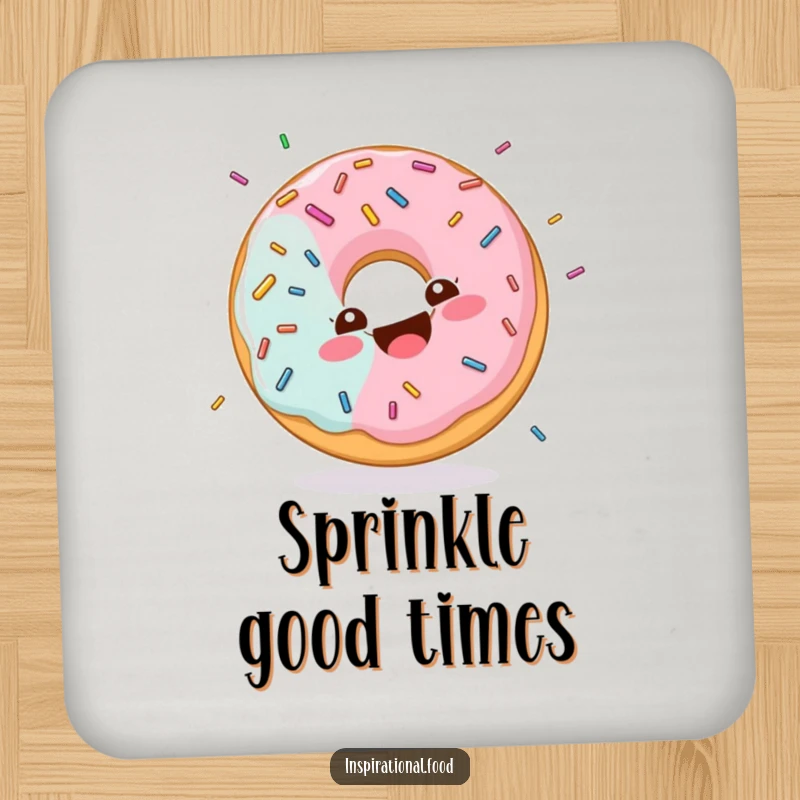 Funny drink coaster showing a donut character with a happy swirl, giggling joyfully while showered in colorful sprinkles.