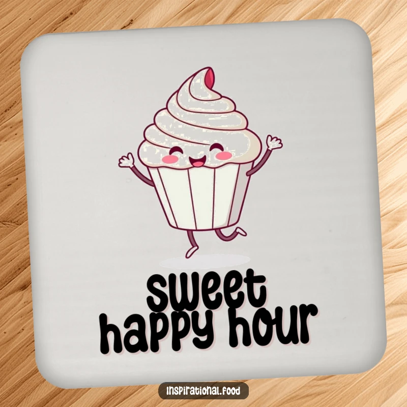 Funny drink coaster featuring a playful cupcake character doing a happy, sugary dance, protecting surfaces with sweet humor.