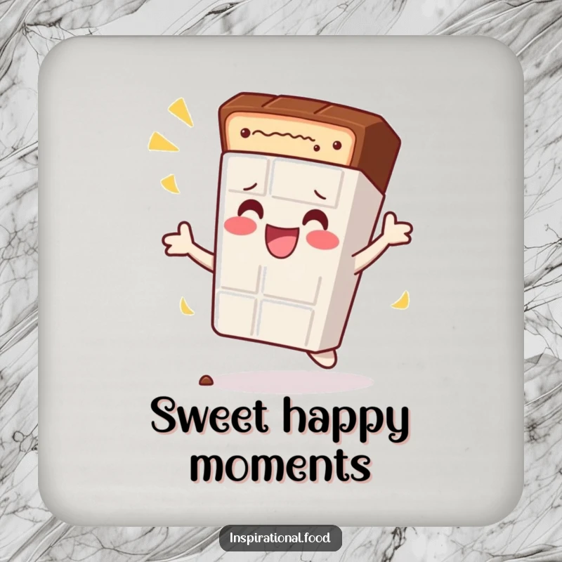 Funny drink coaster featuring a content chocolate bar character doing a celebratory spin, protecting surfaces with sweet humor.