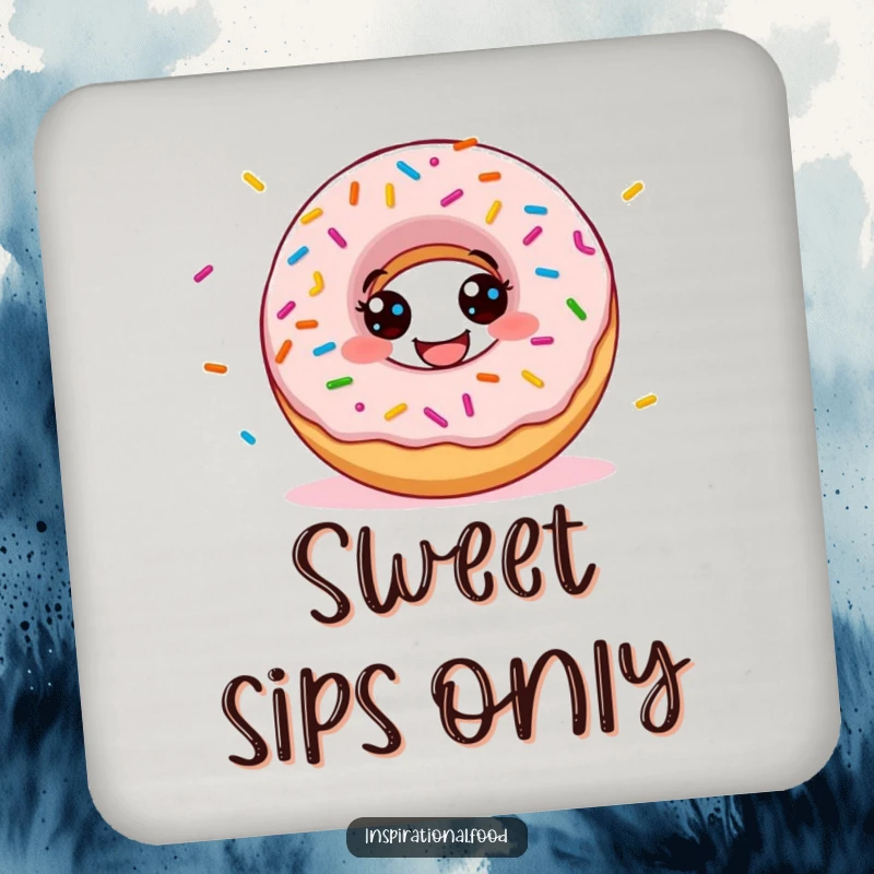 Funny donut coaster with a grinning character scattering colorful sprinkles, protecting surfaces with a playful and sweet design.