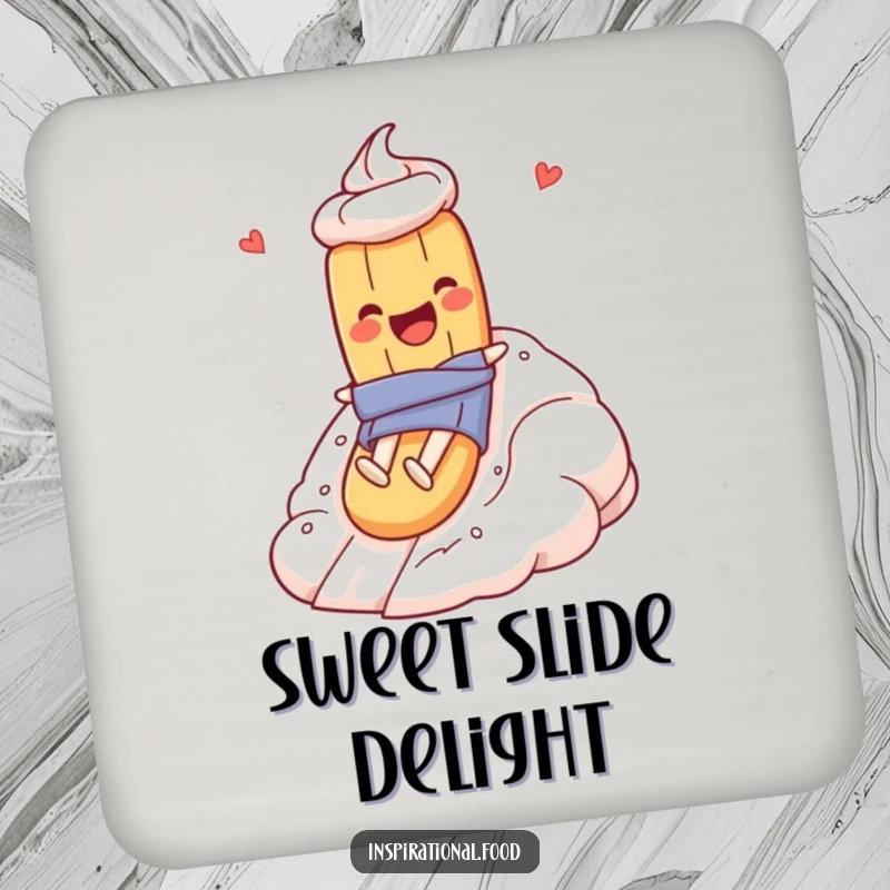 Funny drink coaster showing a baguette character gleefully sliding down a meringue mountain, adding dessert-themed humor.
