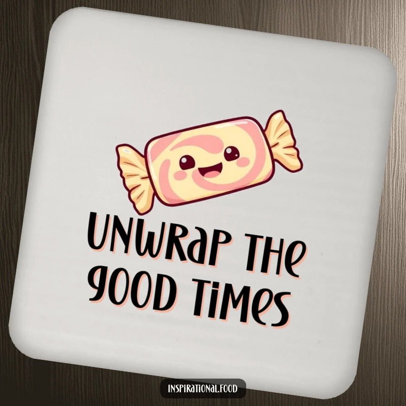 Funny drink coaster showcasing a gleeful candy bar with its wrapper twirling with delight, protecting surfaces humorously.