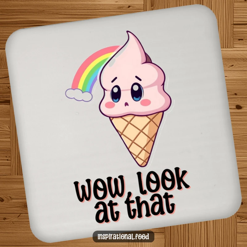 Funny Ice Cream Coaster featuring a surprised ice cream cone character gazing at a beautiful rainbow, adding whimsical protection to tables.