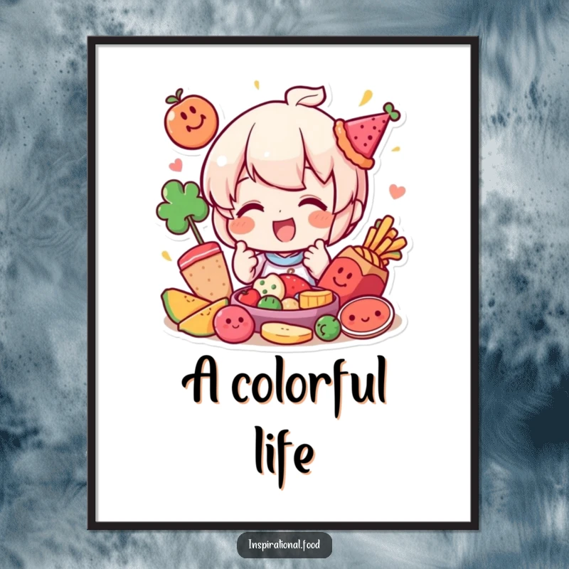 Funny poster featuring a happy character playfully arranging colorful food elements, adding vibrancy and humor to decor.