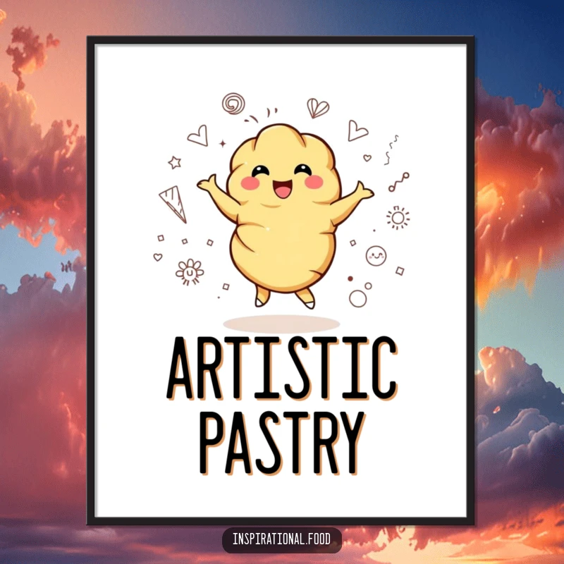 Funny poster illustrating a bubbly croissant character joyfully twirling within a dynamic field of artistic doodles, a whimsical decor piece.