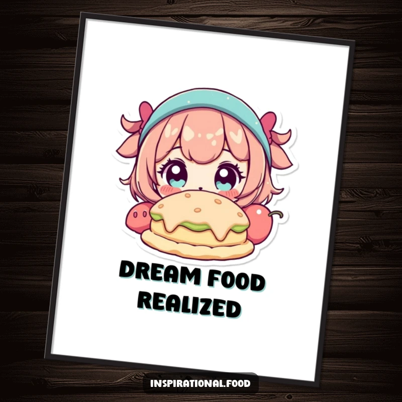 Funny poster showing a character with wide eyes looking in awe at a spectacular and fantastical food creation.