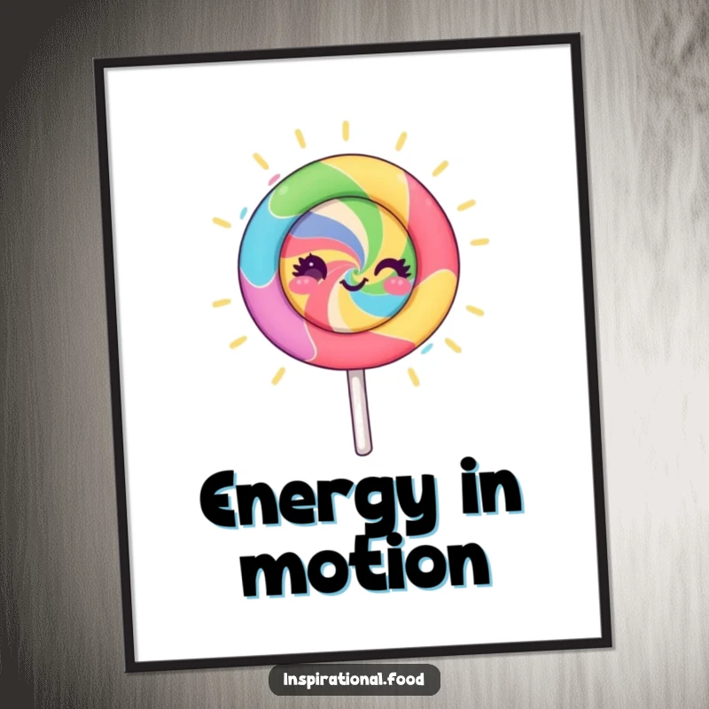 Funny lollipop character poster, spinning with vibrant colors and creative energy, ideal for wall art, bringing a humorous and inspiring artistic touch.