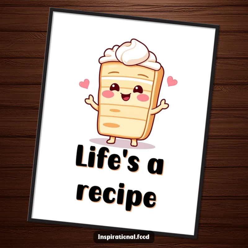 Funny poster of a giggling cake character sharing a delightful recipe, adding a whimsical touch to kitchen decor.