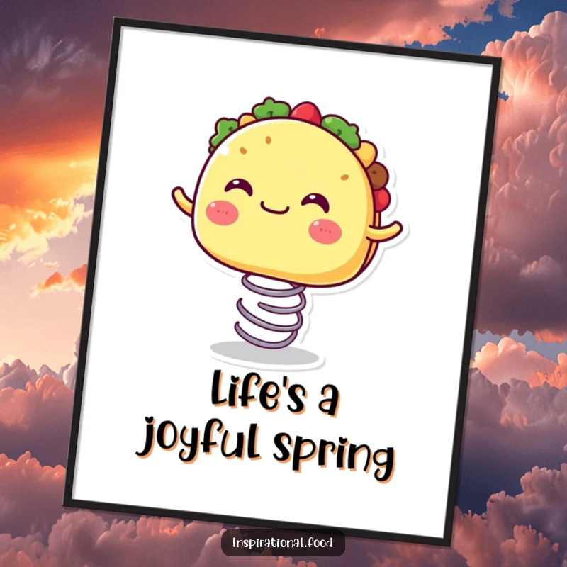 Funny poster of a joyful taco character with a wide, happy mouth, captured mid-bounce on a spring.