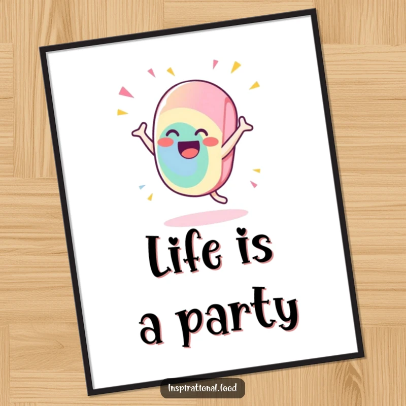 Funny candy poster featuring a gleeful character doing a flamboyant, celebratory flourish, adding a touch of joy and humor to any wall.