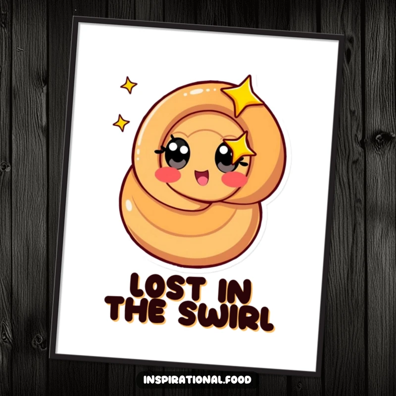 Funny caramel swirl poster featuring a stylized character with starry eyes spinning, perfect for sweet-themed decor.