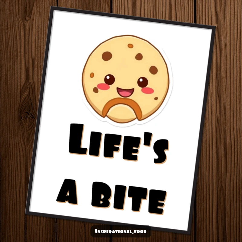 Funny poster of a cookie character with a bite taken out, revealing a happy smile, bringing whimsy to any wall.