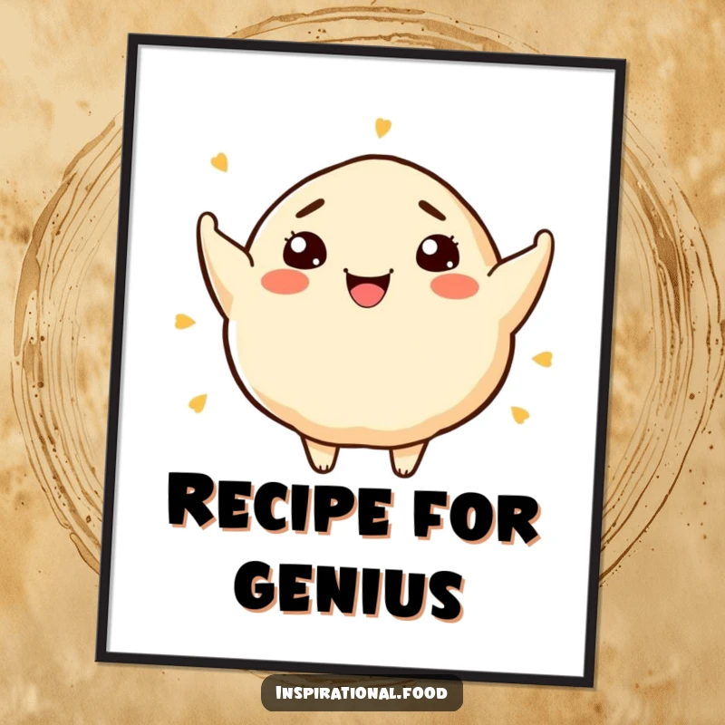 Funny poster art of a happy dumpling filled with innovative food concepts, celebrating gastronomic imagination.